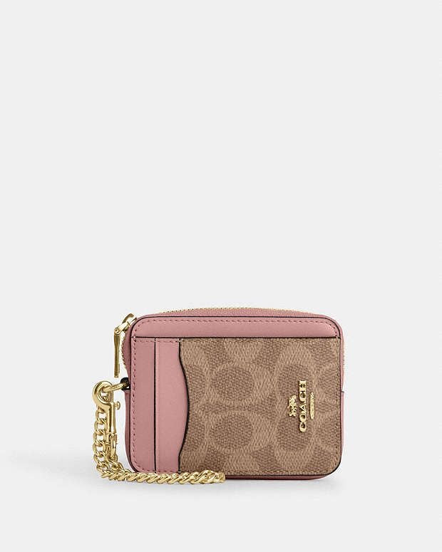Coach Zipper Card Case - Signature Pink trim